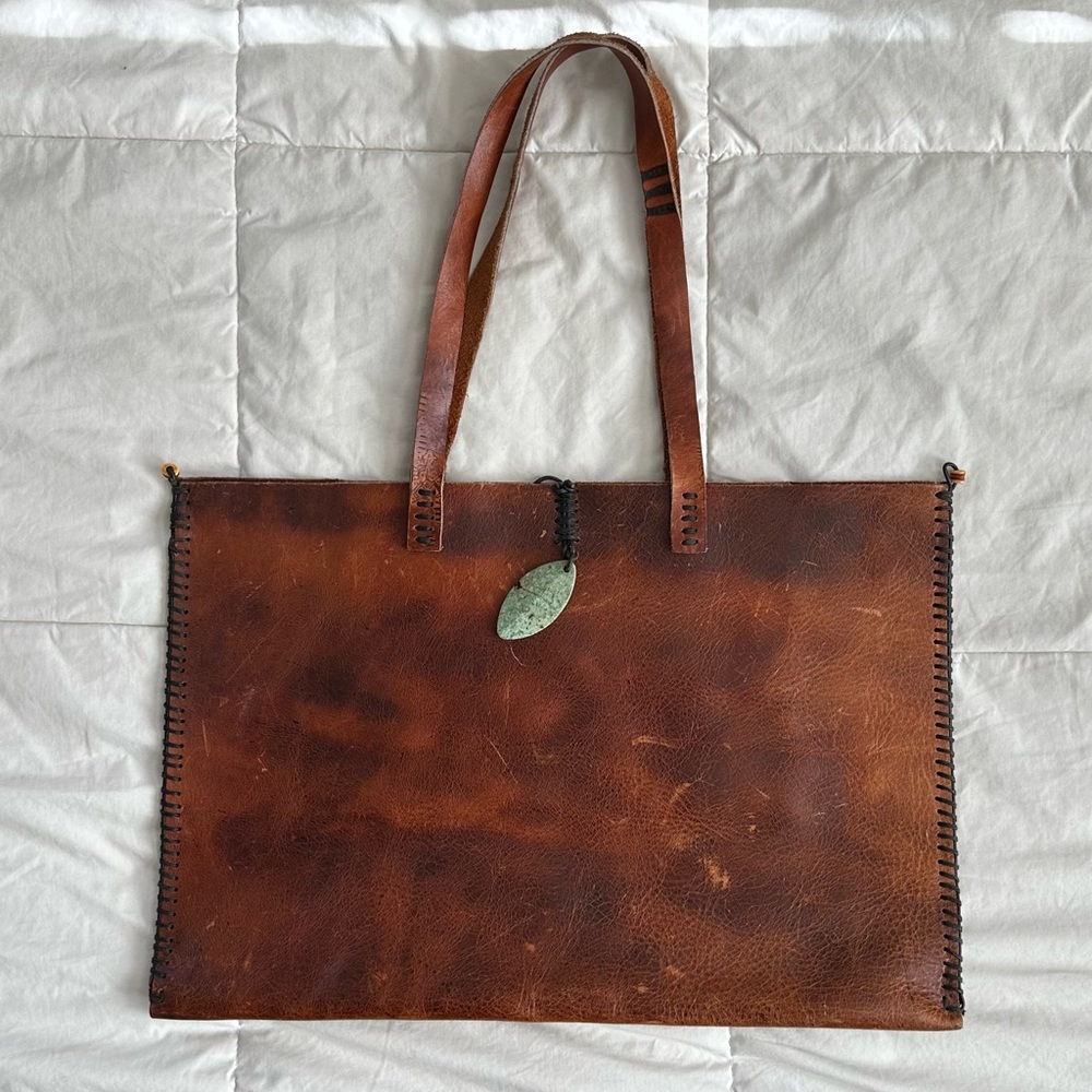 GENUINE BROWN DISTRESSED LEATHER HANDBAG LAPTOP BAG TOTE + GENUINE TURQUOISE